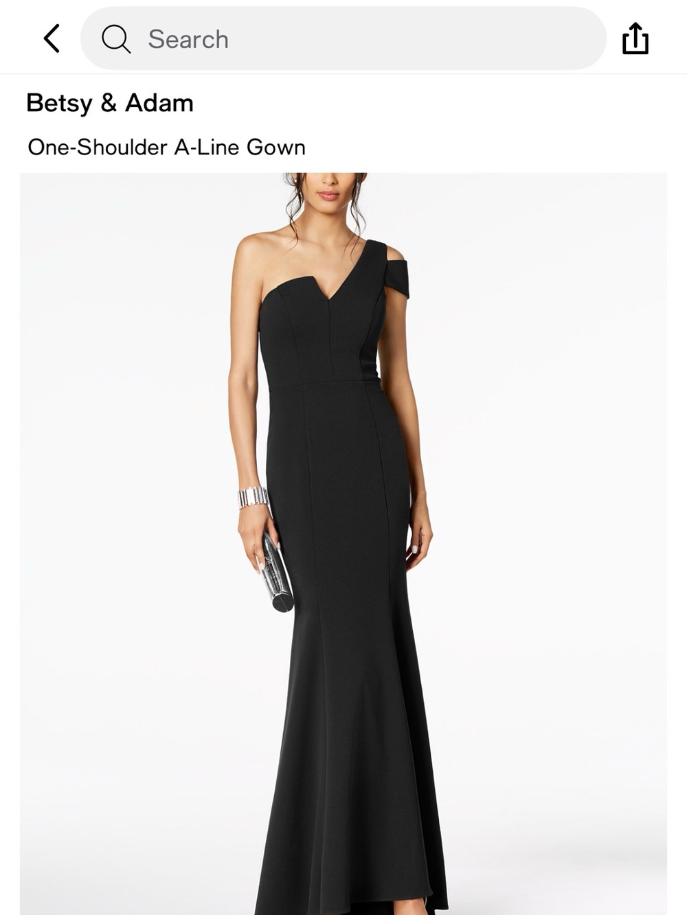 Betsy & Adam Black One-Shoulder A-Line Evening Gown